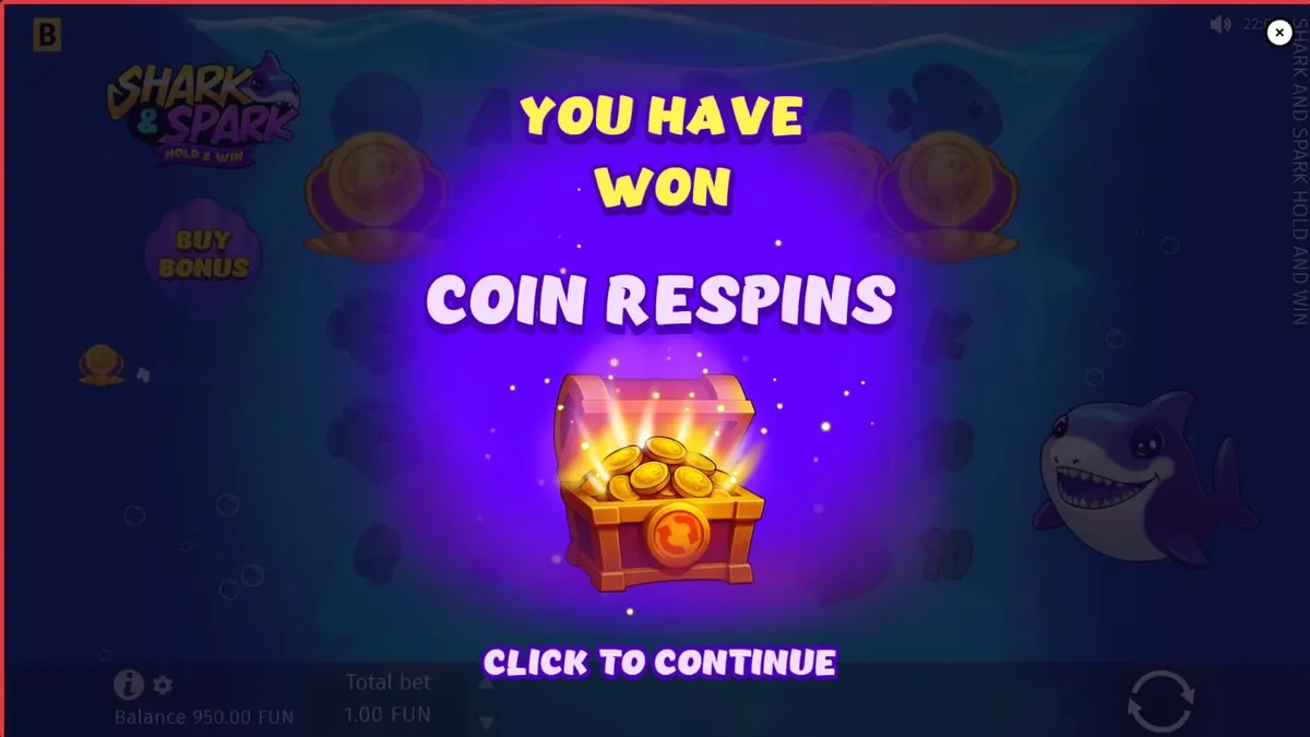 Little Shark di latar belakang permainan slot Shark & Spark Hold & Win
