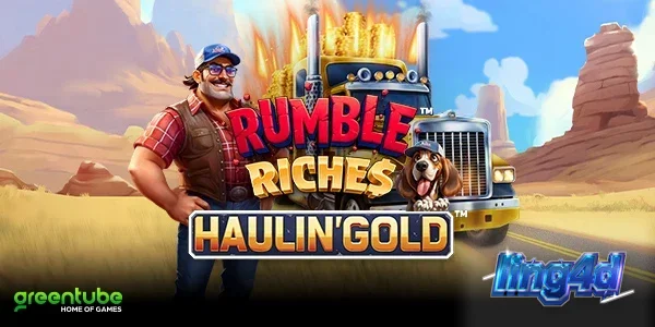 Tampilan visual slot Rumble Riches Haulin Gold dengan tema truk dan jalan raya.