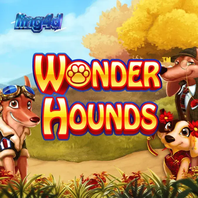 Tampilan antarmuka permainan slot Wonder Hounds dengan tema anjing yang ceria